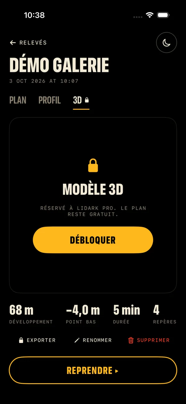 Fiche d’un relevé Lidark : onglets plan, profil et 3D, développement de 68 m, point bas à moins 4 m, durée et repères